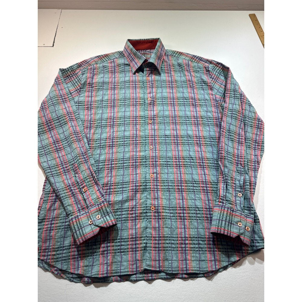 Luciano Visconti Mens XL Plaid Button Down Shirt Textured Multi Color LS